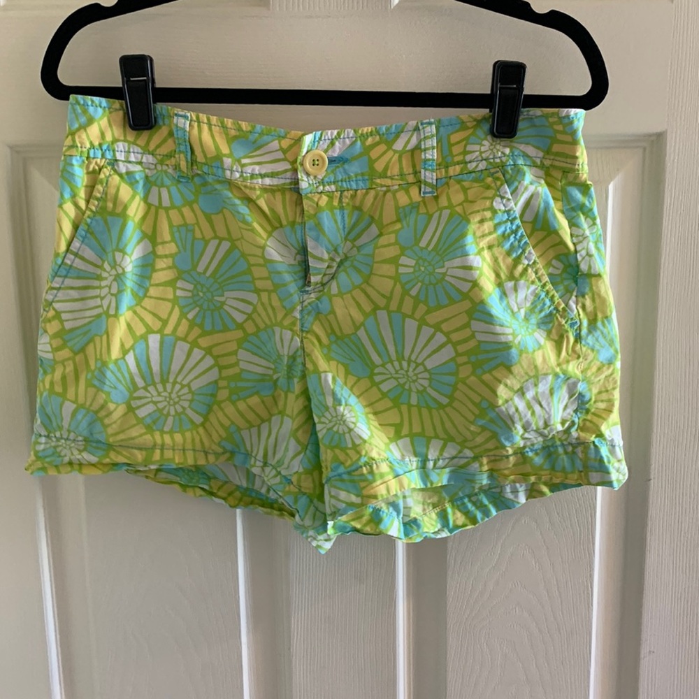 Lilly Pulitzer green, blue, yellow snail patterned shorts. Very good condition.